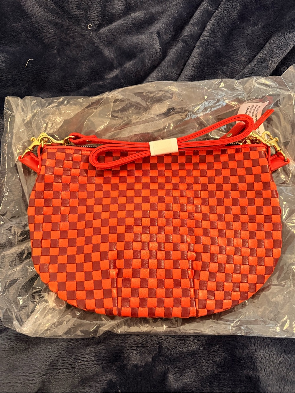 Clare V. Petit Moyen in Bright Poppy & Bordeaux Woven
Checker Bag